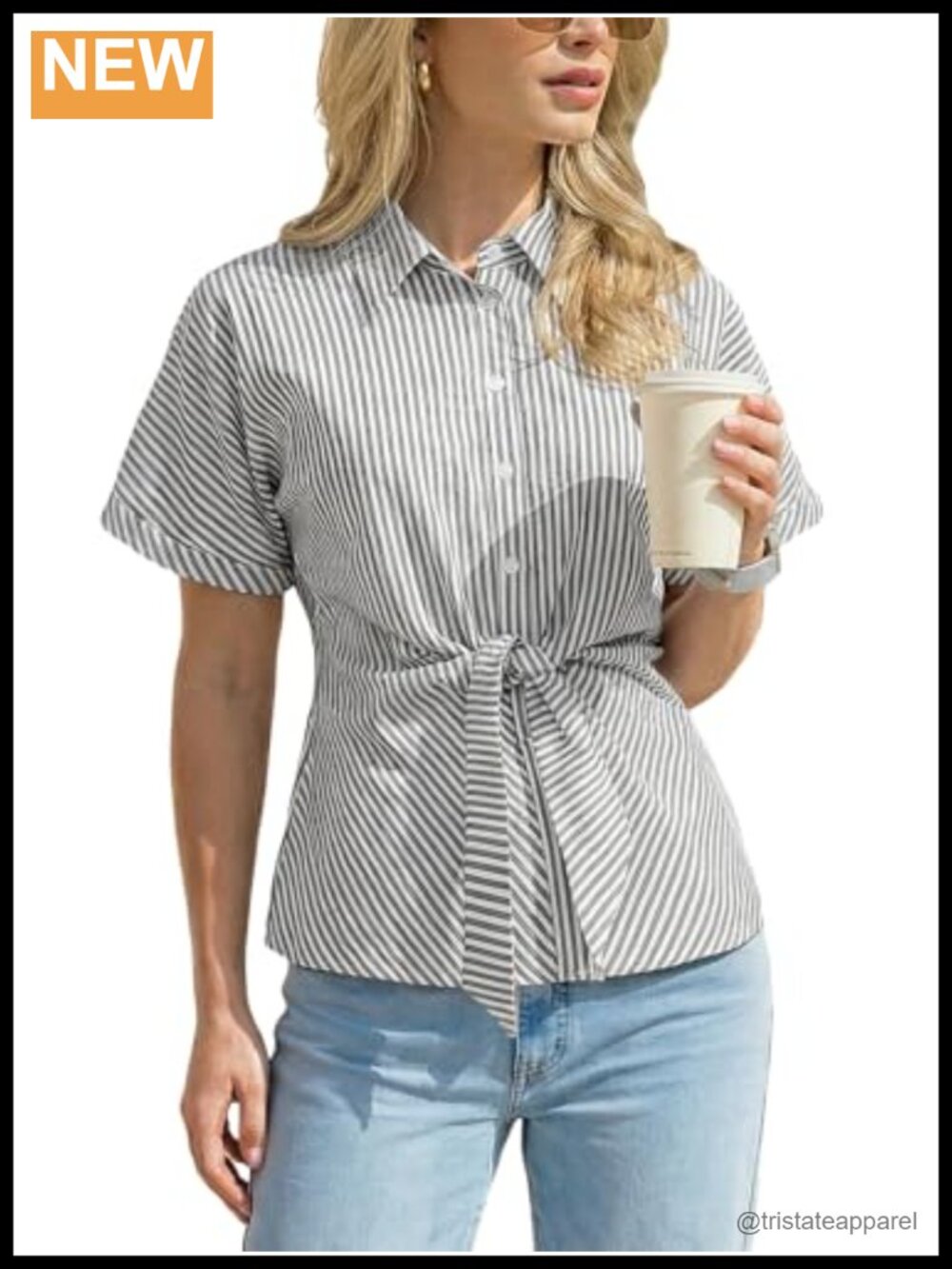 Striped Tie Waist Short Sleeve Button Down Blouse Business Casual Summer Top